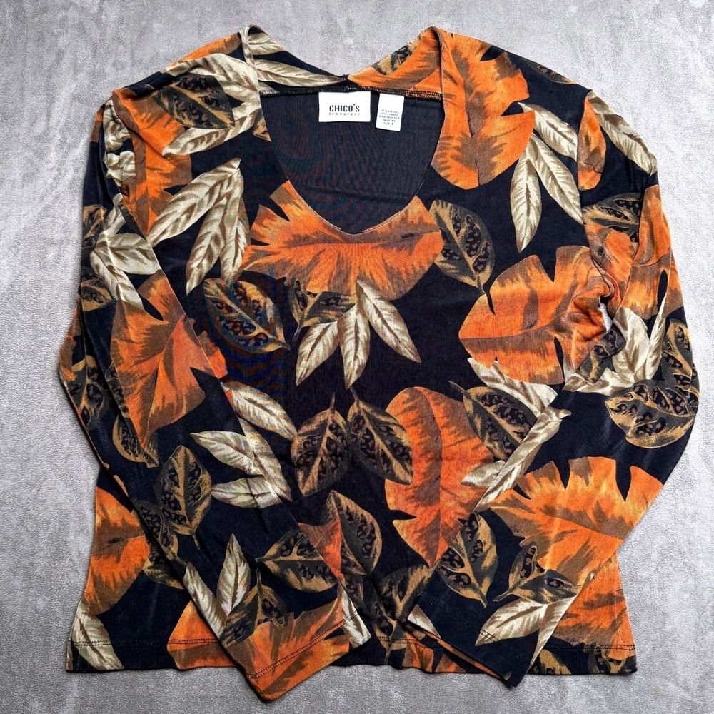Vtg Chico's‎ Travelers Top Womens Small (1) Tropical Leaf V-Neck Slinky Knit 90s